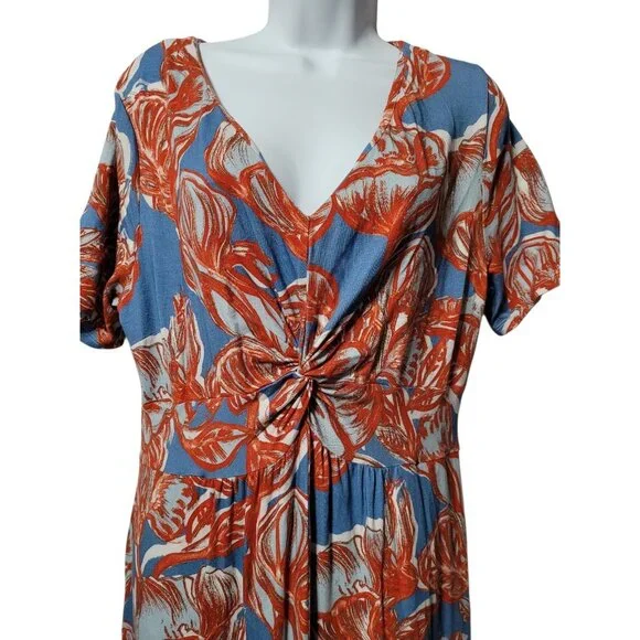Soft Surroundings Maxi Dress L Blue Red Floral Twist Front Empire Soft Knit - Picture 2 of 14